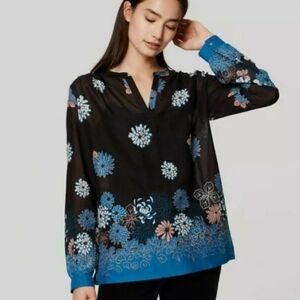 Ann Taylor Loft Garden Split Neck Blouse L Black Blue Floral Semi Sheer Loose
